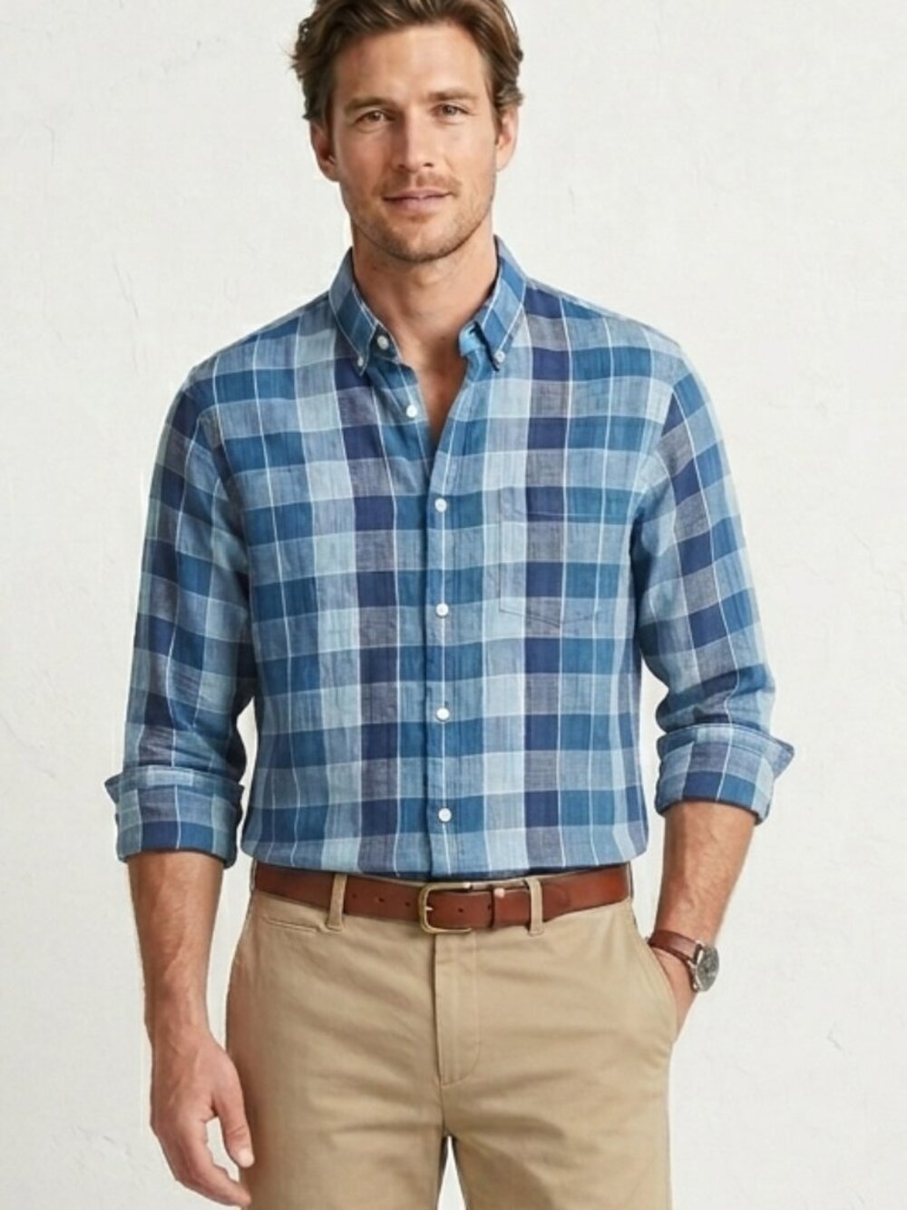 NWT GAP Men's Blue Plaid Cotton/Linen Long Sleeve Button Down Shirt Size L